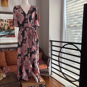 MELLODAY Pink Floral Wrap Maxi Dress with Tie Waist